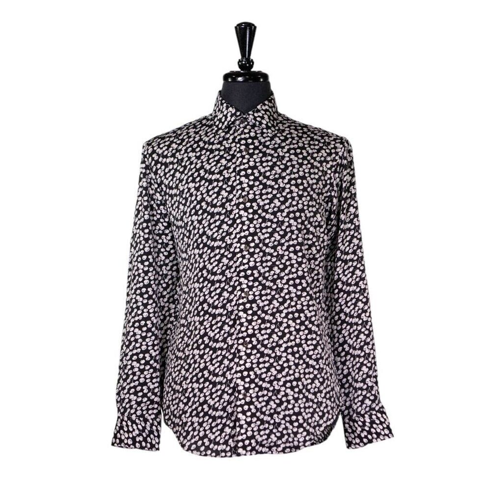 Mens Silky Shirt Button Up Black White Graphic Dress Casual Beach Party Medium